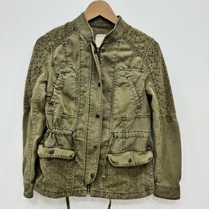 Anthropologie Hei Hei army green eyelet distressed jacket military lightweight